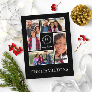 4 Photos Collage Monogram Merry Christmas Black Postcard