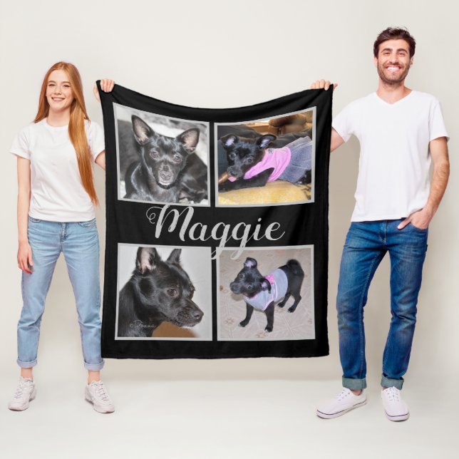 4 Photos Customisable | Black Fleece Dog Blanket (In Situ)