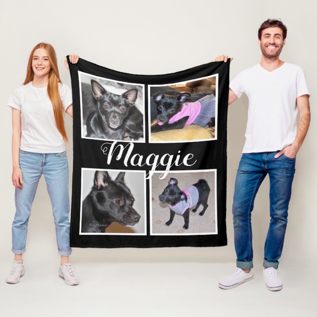 4 Photos Customisable | Black W Fleece Dog Blanket (In Situ)