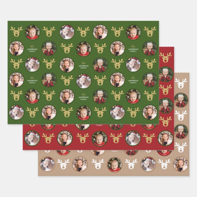 4 Photos Cute Reindeer Family Christmas  Wrapping Paper Sheet (Set)