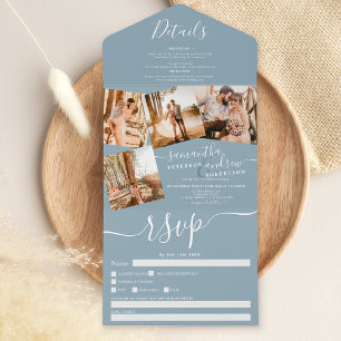 4 Photos dusty blue modern script wedding All In One Invitation
