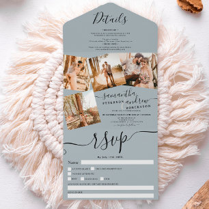 4 Photos dusty blue modern script wedding All In One Invitation