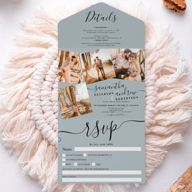 4 Photos dusty blue modern script wedding All In One Invitation (Creator Uploaded)