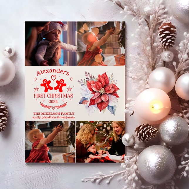 4 Photos Elegant Floral Baby's First Christmas Holiday Card (Creator Uploaded)