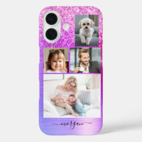 4 Photos, Faux Brushed Purple Metal, Glitter, Name