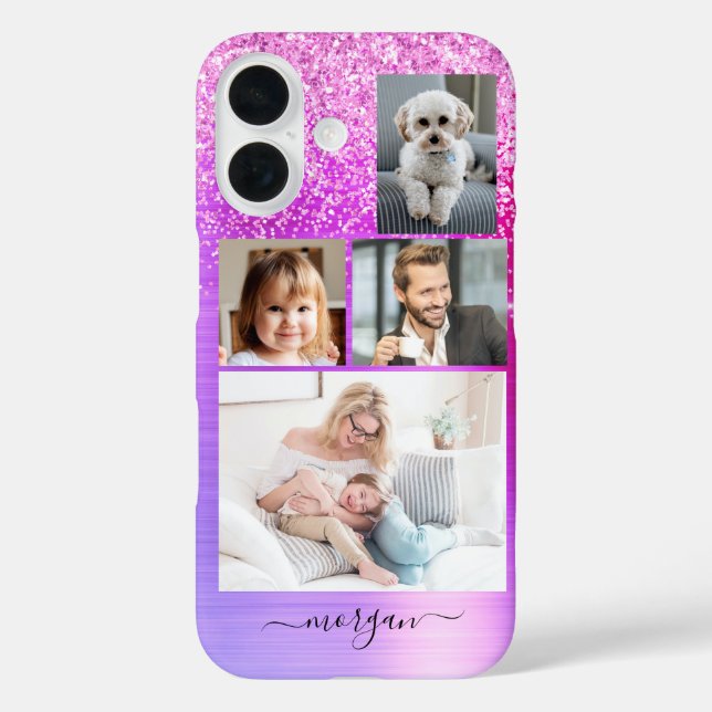 4 Photos, Faux Brushed Purple Metal, Glitter, Name Case-Mate iPhone Case (Back)