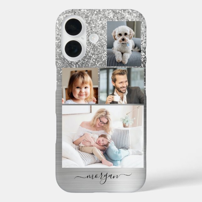 4 Photos, Faux Brushed Silver Metal, Glitter, Name Case-Mate iPhone Case (Back)