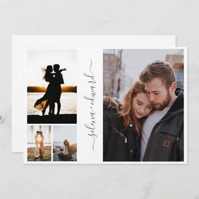 4 Photos Grid Metallic Silver Script Wedding Invitation (Front/Back)