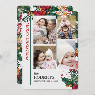 4 Photos Holly and Berries Christmas Holiday Card