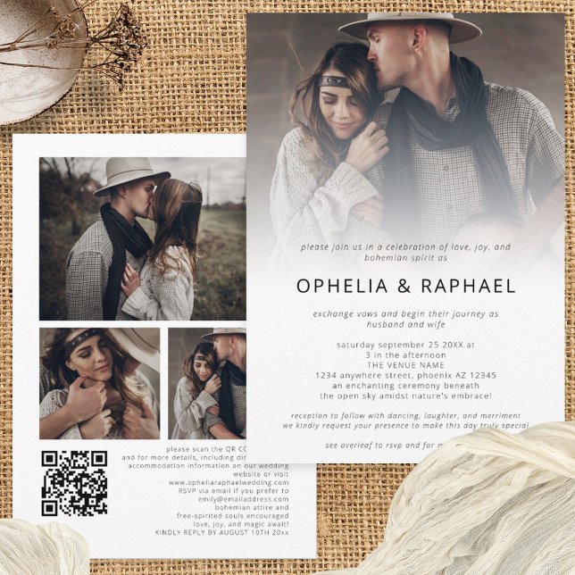 4 Photos Overlay QR Code Bohemian Wedding  Invitation (Front and back view)