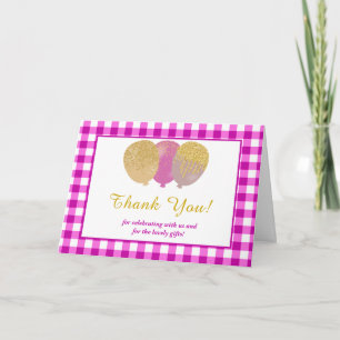 4 Photos Pink Gingham Balloons Birthday Thank You Card