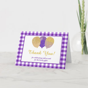 4 Photos Purple Gingham Balloons Birthday Thank You Card