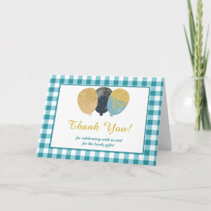 4 Photos Teal Blue Gingham Balloons Birthday Thank You Card