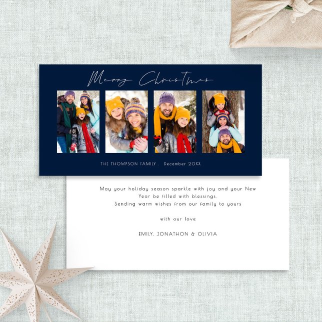 4 Photos White Script Navy Blue Merry Christmas Holiday Card (Front and back view)