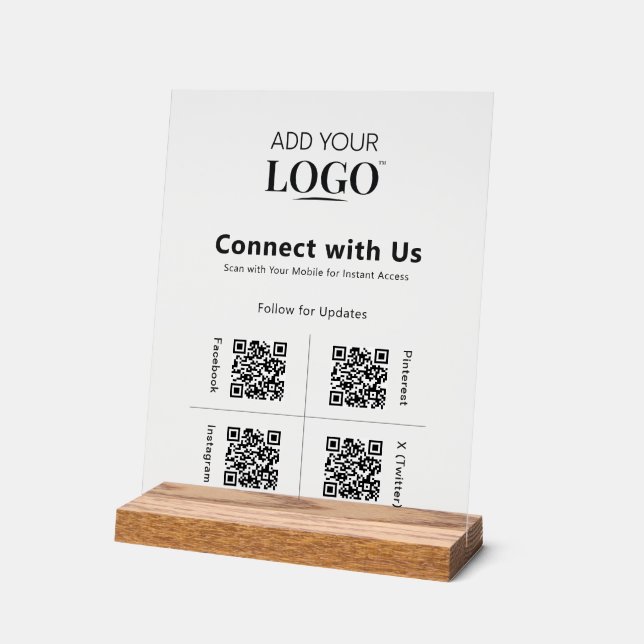 4 QR Code Social Media Connect with Us Logo Modern Acrylic Sign (Angle)