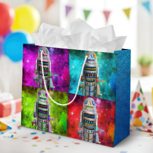 4 sci fi toy robots red green blue purple galaxy large gift bag