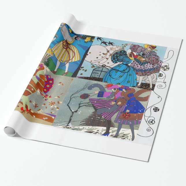 4 SEASONS ARTDECO BEAUTY FASHION ILLUSTRATIONS WRAPPING PAPER (Unrolled)