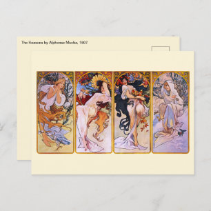 4 Seasons by Alphonse Mucha, Vintage Art Nouveau Postcard