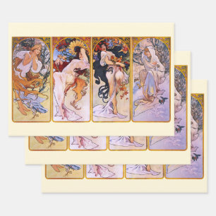 4 Seasons by Alphonse Mucha, Vintage Art Nouveau Wrapping Paper Sheet
