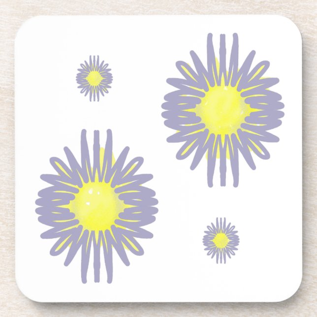 4 Soft blue & yellow flowers on white background Coaster (Front)