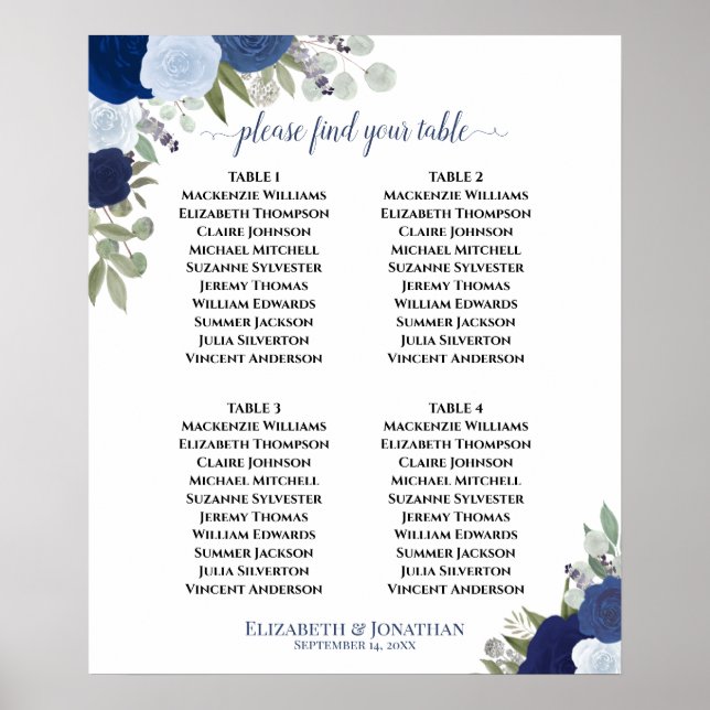 4 Table Blue Boho Floral Wedding Seating Chart (Front)