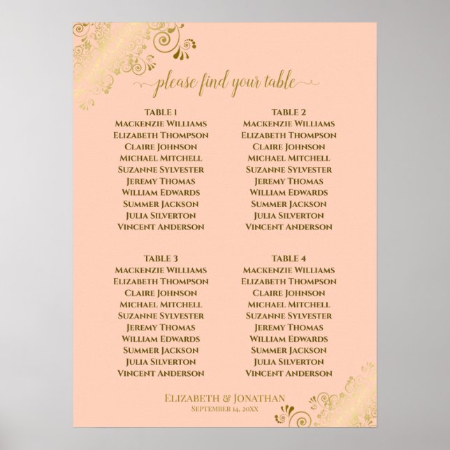 4 Table Coral Peach & Gold Wedding Seating Chart (Front)