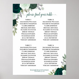 4 Table Emerald Green Floral Wedding Seating Chart