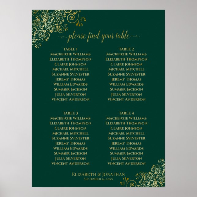 4 Table Emerald Green & Gold Wedding Seating Chart (Front)