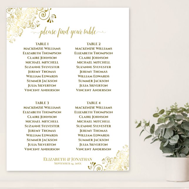 4 Table Gold Frills Wedding Seating Chart White (In Situ on Wall)
