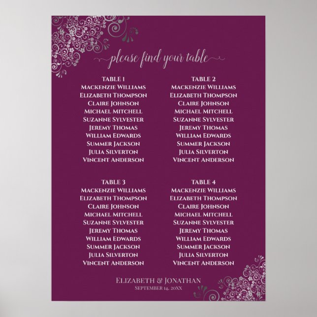 4 Table Lacy Grey Wedding Seating Chart Cassis (Front)