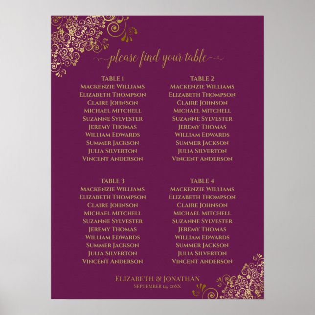 4 Table Magenta Plum & Gold Wedding Seating Chart (Front)