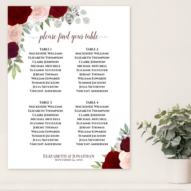 4 Table Red & Pink Roses Wedding Seating Chart (In Situ on Wall)