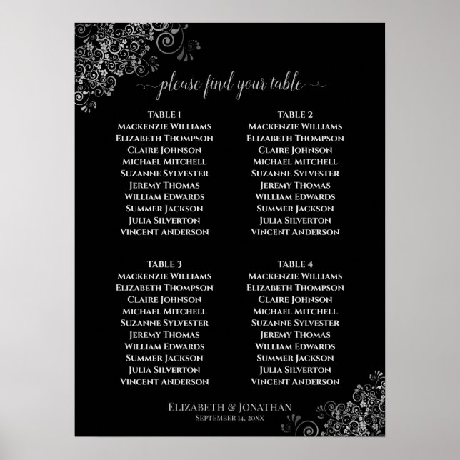 4 Table Silver Frills Wedding Seating Chart Black (Front)