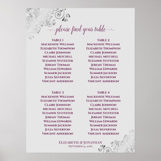 4 Table Wedding Seating Chart Magenta on Grey (Front)