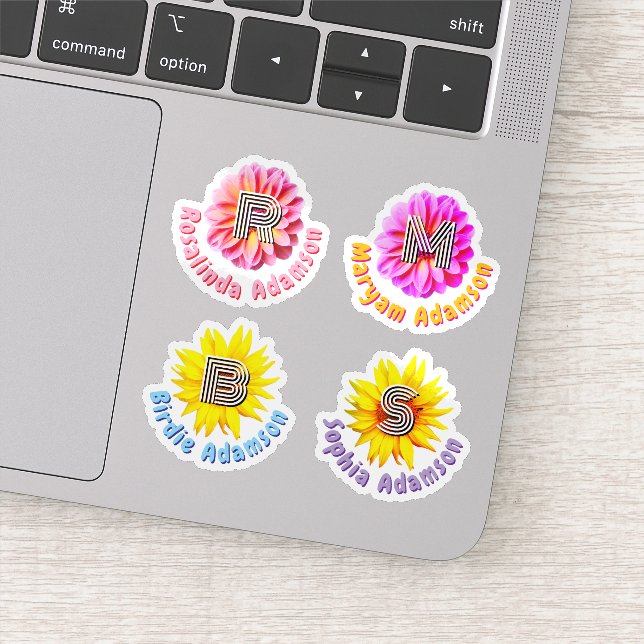 4 Waterproof Floral Monogrammed Name Stickers (Detail)