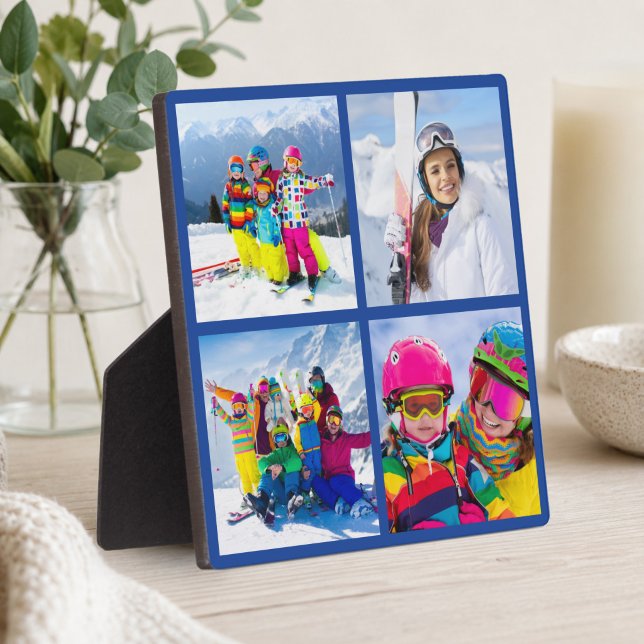 4 Winter Vacation Photo Grid Collage Blue Plaque (4 Photo Grid Collage Dark Blue Plaque)