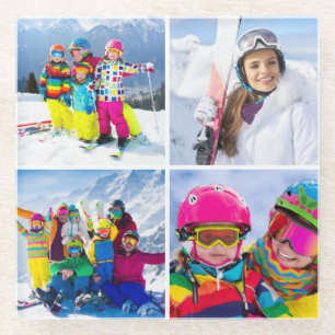 4 Winter Vacation Photo Grid Collage Glass Coaster