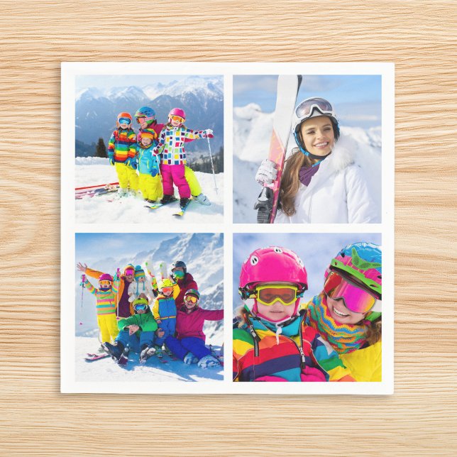 4 Winter Vacation Photo Grid Collage Napkin (4 Photo Grid Winter Vacation Photo Collage Napkins)