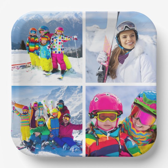 4 Winter Vacation Photo Grid Collage Paper Plate (Front)