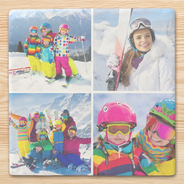 4 Winter Vacation Photo Grid Collage Stone Coaster (4 Winter Vacation Photo Grid Collage Stone Coaster)