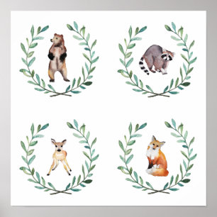 4 Woodland Animals and Wreaths Poster
