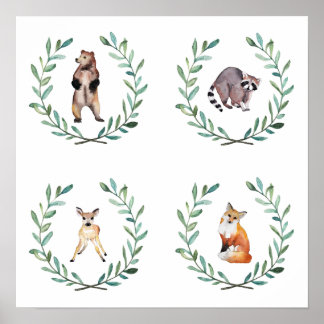 4 Woodland Animals and Wreaths Poster