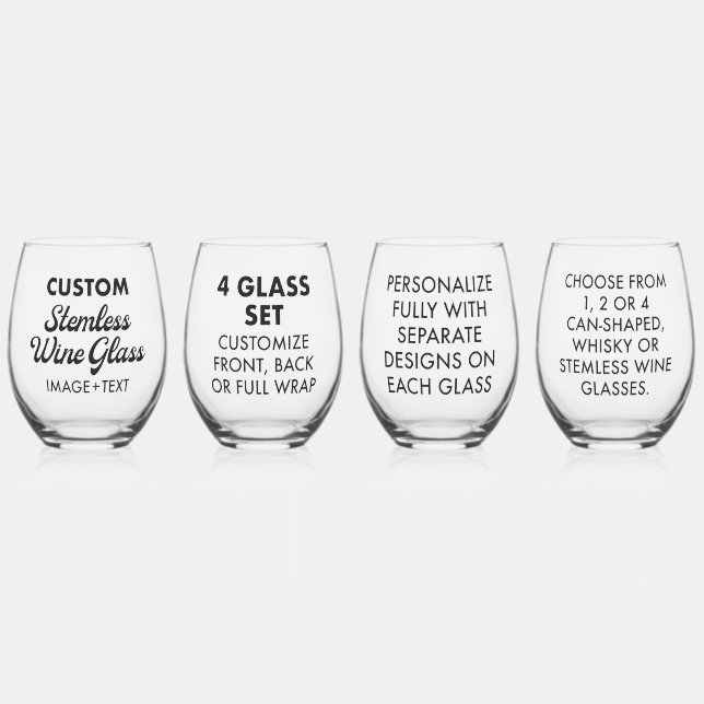 4 x Custom Personalised Stemless Wine Glass 16oz (Front)