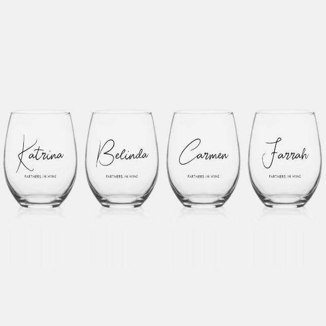 4 x Elegant Handwritten Script Names & Custom Text Stemless Wine Glass (Front)
