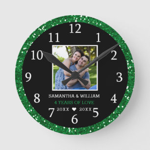 4 Year Anniversary Photo Black And Green Glitter   Round Clock