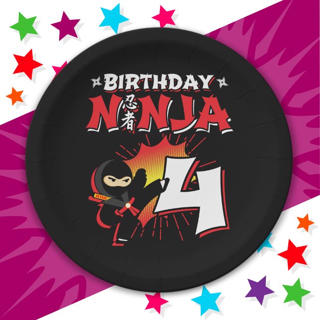 4 Year Old Comic Book Style Ninja 4th Birthday Paper Plate (Creator Uploaded)