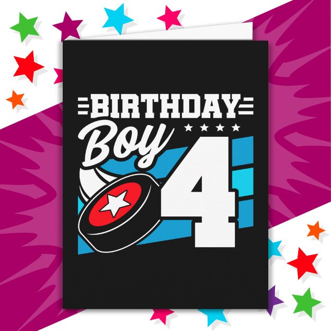 4 Year Old Hockey Party Theme 4th Birthday Boy Card (Creator Uploaded)