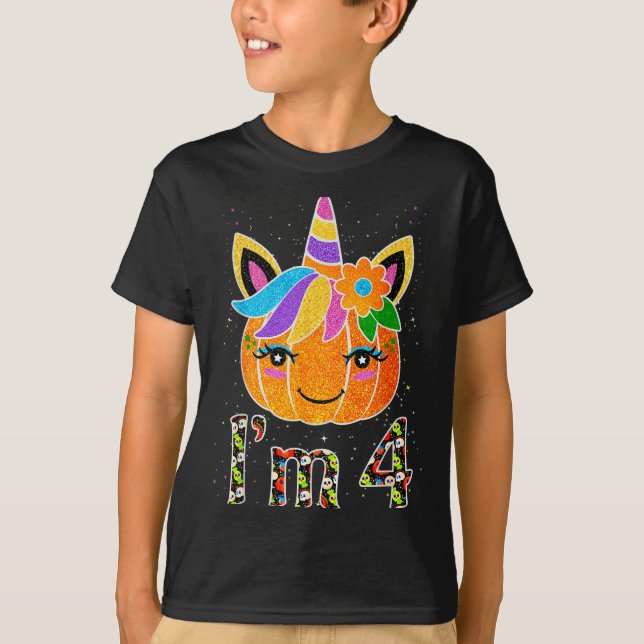 4 Years Old Unicorn Pumpkin Cute Design Birthday H T-Shirt (Front)