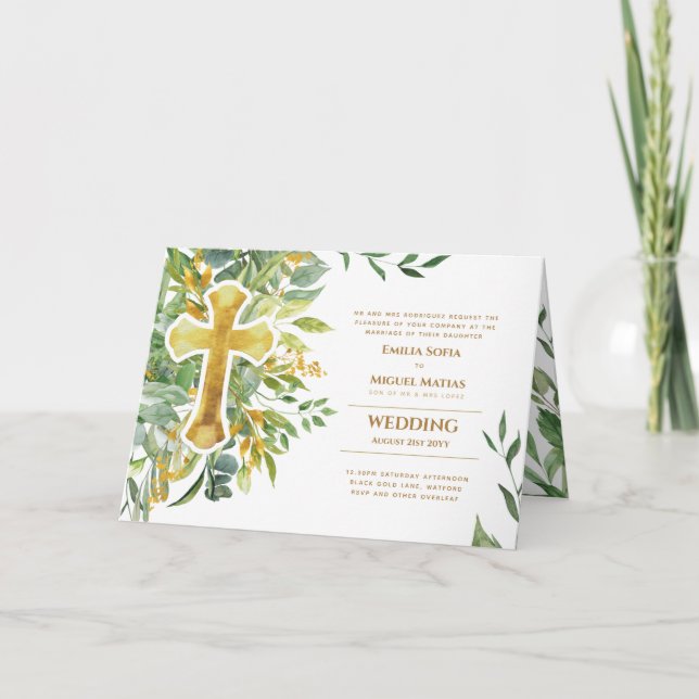 4pg Floral Cross  Greenery Wedding Invite Program (Front)