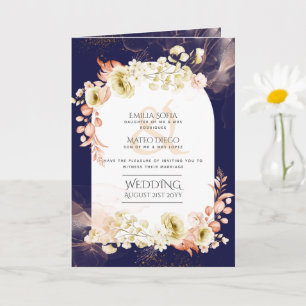 4pg Navy Blue Coral Floral Wedding Invite Program